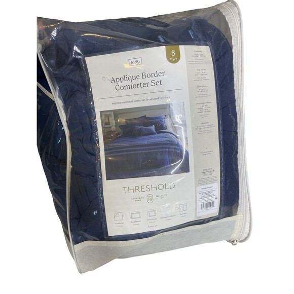 8pc Queen Applique Border Comforter Set Navy/Blue - Threshold: Embroidered, - Picture 5 of 6